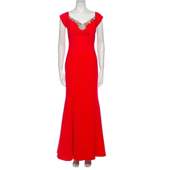 Mikael Aghal Mermaid V-neck Embellished Gown Maxi Dress Size 6 Red #1J403 - Picture 1 of 12
